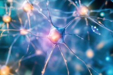 Poster - Exploring the intricate beauty of neurons in a vibrant neural network at the microscopic level during a lab study. Generative AI