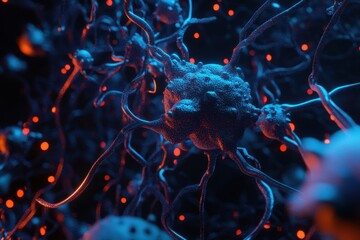 Poster - Exploring the intricate beauty of neurons illuminated in vibrant blue and orange tones. Generative AI