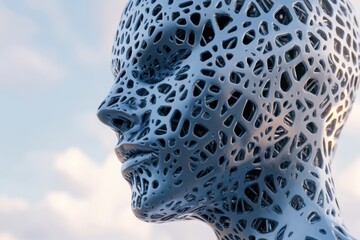 Poster - A stunning abstract sculpture stands against a serene sky, displaying intricate lattice-like patterns