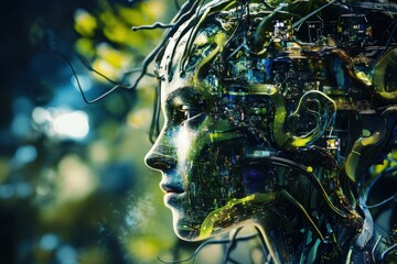 Poster - Intricate fusion of nature and technology showcases a digital visage amidst vibrant greenery. Generative AI