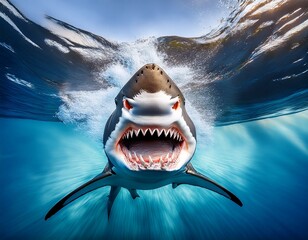 portrait of a shark attacking with its mouth open underwater