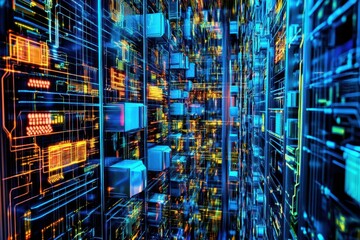 Poster - Exploring the vibrant realm of digital data in a futuristic neon-lit network environment. Generative AI
