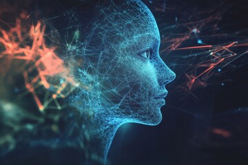 Fototapete - Exploring the intersection of technology and humanity through a digital silhouette illuminated by colorful data streams. Generative AI