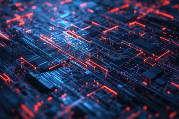 Poster - Digital landscape illuminated by vibrant blue and red lines in a futuristic circuit board during a high-tech dawn. Generative AI
