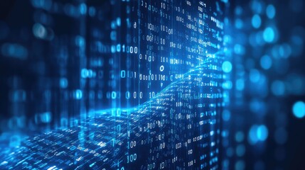 Fototapete - Digital Data Stream: Abstract Visualization of Binary Code Flowing in a Cybernetic Landscape