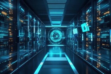 Poster - Exploring the futuristic corridors of a high-tech data center illuminated by vibrant blue lights at twilight. Generative AI