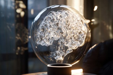 Poster - Innovative sculpture depicts a luminous brain surrounded by bubbles in a modern artistic setting. Generative AI