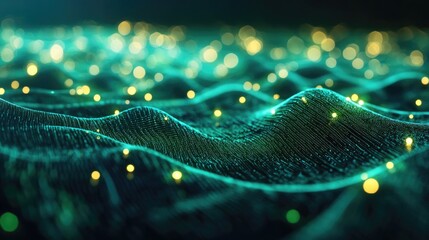 Fototapete - Abstract Teal Digital Landscape: Glowing Particles and Data Waves