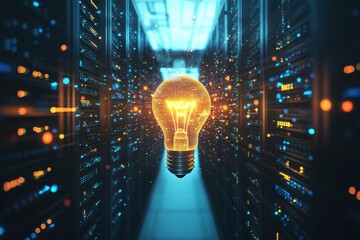 Fototapete - Innovative light bulb illuminates a tech-savvy data center bursting with energy and vibrant colors. Generative AI