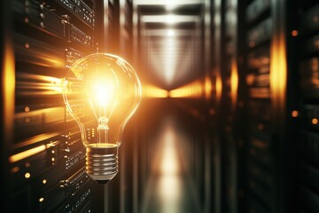 Poster - Lightbulb illuminating a data center corridor with glowing servers and a futuristic atmosphere at dusk. Generative AI