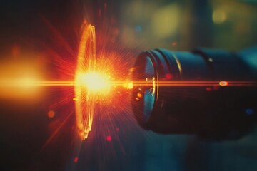 Poster - Creative sparks ignite as light pours from an advanced technological device in a vibrant, futuristic setting. Generative AI
