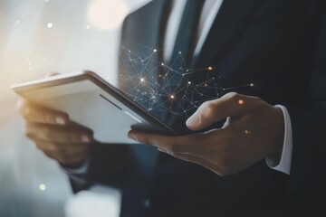 Poster - Innovative connection emerges as a businessman engages with technology in a modern office environment. Generative AI