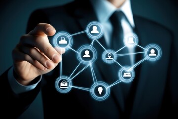 Poster - Connecting digital nodes, a businessman gestures toward a sophisticated network of technology symbols at night. Generative AI