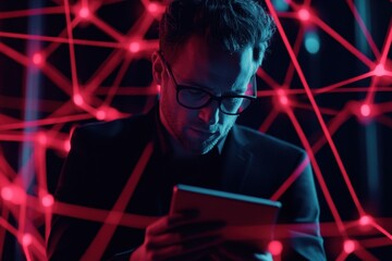 Poster - Innovative thinker immersed in a digital network at night, exploring new possibilities with an interactive device. Generative AI