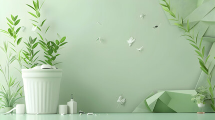 Poster - Serene indoor scene with green leaves and geometric decor, evoking tranquility and nature