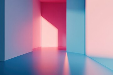 Poster - Vibrant interplay of pink and blue light creating a serene and modern atmosphere in an abstract architectural space. Generative AI