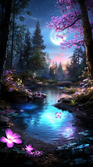 Poster -  enchanted forest with glowing pond