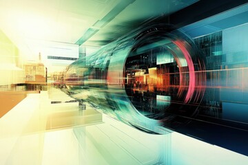 Poster - Vibrant cityscape transformation through futuristic tunnel of light and color in abstract digital landscape exploration. Generative AI