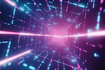 Fototapete - Vibrant tunnel of light with digital patterns in a futuristic realm during the night. Generative AI