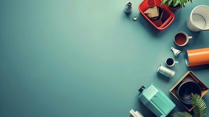 Poster - A vibrant tabletop scene featuring various containers, plants, and tools in a creative workspace