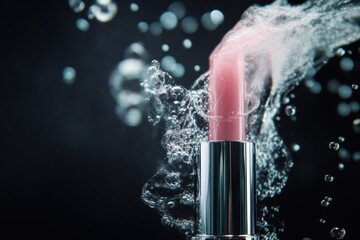 Poster - Lipstick emerges from swirling water, showcasing vibrant color and fluid movement in a captivating underwater moment. Generative AI