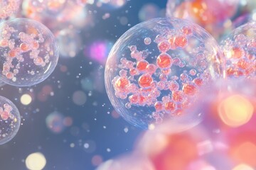 Poster - Exploring the vibrant world of microscopic cells suspended in a shimmering backdrop of dreamy colors. Generative AI