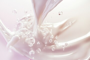 Poster - Splash of creamy liquid creates mesmerizing patterns and bubbles in a soft pastel background, captivating the senses uniquely. Generative AI
