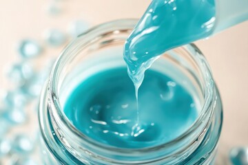 Poster - Vivid blue gel drips from a spatula into a clear jar, capturing the essence of creativity in an artistic workspace. Generative AI