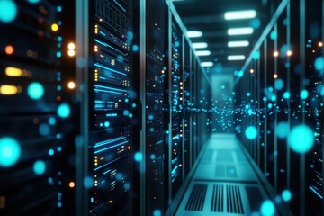 Poster - Illuminated data center corridor filled with shimmering lights and high-tech servers during a vibrant evening session. Generative AI