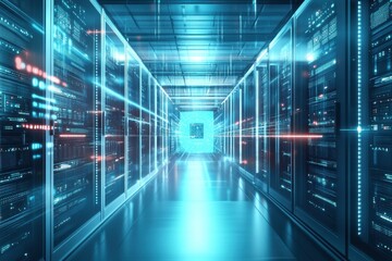 Poster - Modern data center corridor illuminated by futuristic technology in a high-tech environment. Generative AI