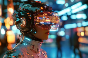 Poster - Futuristic humanoid figure wearing advanced virtual reality headset in a vibrant, illuminated cybernetic cityscape at night. Generative AI