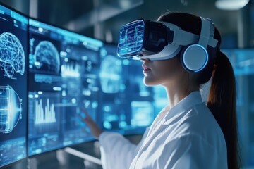 Poster - engaging with virtual realities in a futuristic tech lab during a late-night research session. gener