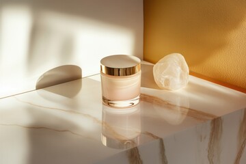 Poster - Elegant skincare cream jar illuminated by soft sunlight on a marble countertop in a serene indoor setting. Generative AI