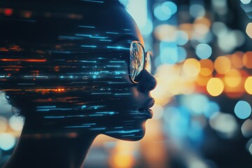 Poster - Radiating reflections of the urban night through futuristic glasses of a woman in vibrant city lights. Generative AI