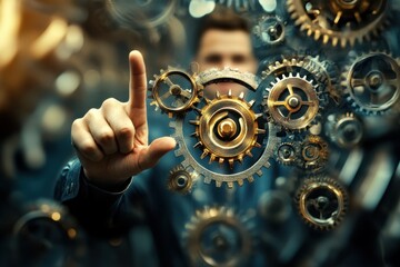 Poster - Mechanisms of innovation come to life as a man interacts with intricate gears in a dynamic, futuristic setting. Generative AI