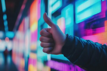 Poster - Vibrant display of digital art enhances a thumbs-up gesture in a contemporary space at dusk. Generative AI
