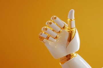 Poster - Futuristic robotic hand gives a thumbs up against a vibrant orange backdrop celebrating technological advancement. Generative AI