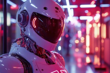 Poster - Futuristic robot in a neon-lit corridor showcasing advanced technology and vibrant design elements. Generative AI