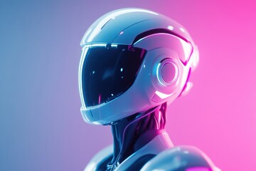 Poster - Futuristic robot silhouette illuminated by vibrant neon lights in a modern artistic environment. Generative AI