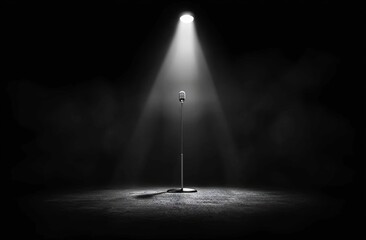 Poster - A spotlight illuminates a cracked concrete wall, with the light beam forming patterns as background, captured in black and white