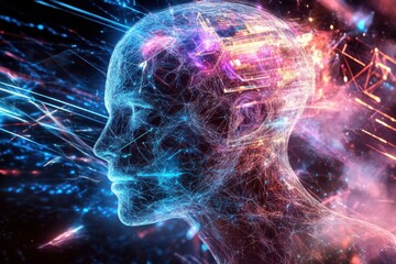 Poster - Exploring the intersection of technology and human consciousness in a vibrant digital landscape. Generative AI