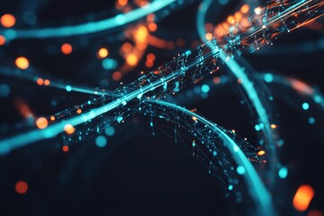 Fototapete - Vibrant web of luminous strands intertwines in an abstract display of digital energy and movement at twilight. Generative AI