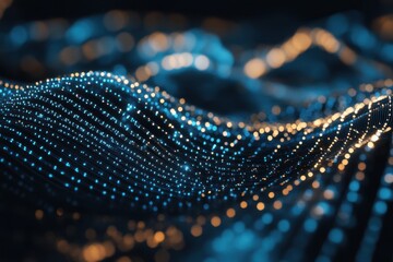 Fototapete - Illuminated waves of light dance through a digital landscape in mesmerizing patterns and colors at twilight. Generative AI
