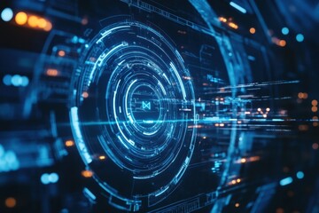 Fototapete - Glowing digital interface showcasing futuristic technology in a high-tech setting during a late-night ambiance. Generative AI