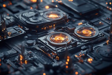 Poster - Intricate circuit board illuminated by glowing components in a futuristic digital landscape. Generative AI