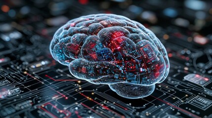 Poster - A 3D illustration of stock hardware featuring a luminous blue brain circuit on a microchip placed on a computer motherboard, ideal for big data processing, AI trading, and machine learning