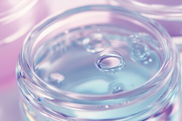 Poster - Reflective droplets create a serene atmosphere in a glass container filled with clear liquid under soft pastel lighting. Generative AI