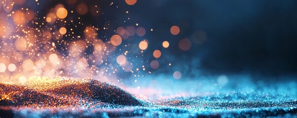 Wall Mural - Abstract glitter lights in blue, gold, and black form the background, with a gentle blur and a banner
