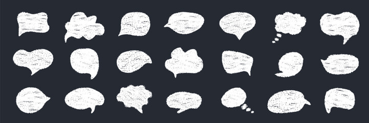 Poster - Collection of white speech thought bubbles with grunge scribble chalk charcoal texture. Set of hand drawn Text Balloon shapes. Perfect for child education creative design, comics, social media, poster
