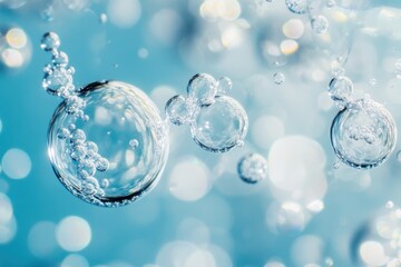 Poster - Bubbles float gracefully in a serene blue backdrop creating a mesmerizing visual symphony of light and texture. Generative AI